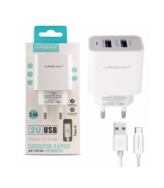 Cargador rápido doble entrada USB-A 2.4A + Cable Tipo C APOKIN