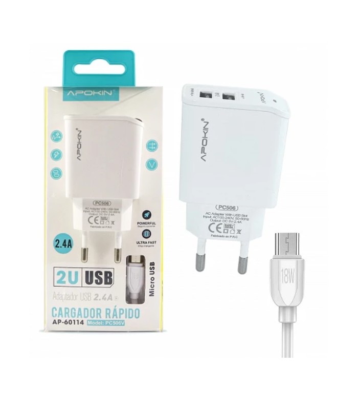 Cargador rápido doble entrada MICRO USB 2.4A + Cable MICRO USB APOKIN