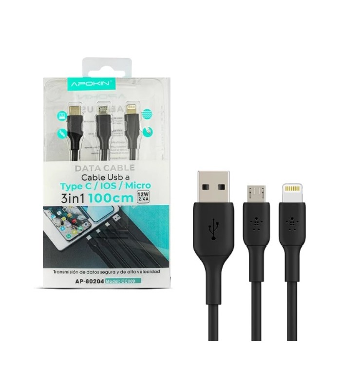 CABLE DE DATOS Y CARGA 3 EN 1 Lightning, MicroUSB, Tipo-c