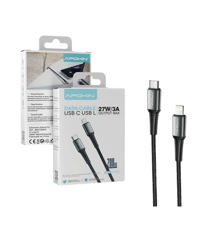 Cable Lightning a Tipo-C 27W 3A 2M Negro
